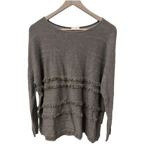 J. Jill Sweater M Brown Fringe Trim Textured Knit Drop Shoulder‎ Long Sleeve